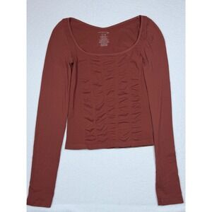 Intimately Free People Ribbed‎ Ruched Long Sleeve Scoop Neck Top Rust XS